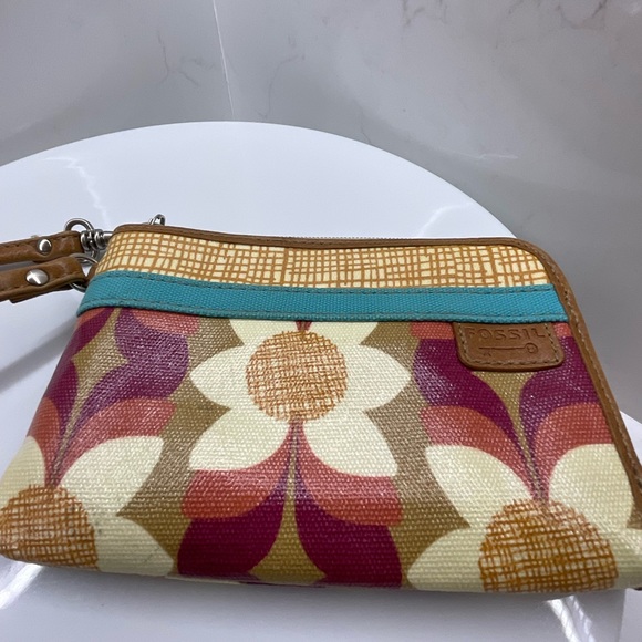 FOSSIL KeyPer Multicolor Floral Coated Canvas Brown Leather Wristlet Wallet - Picture 2 of 8